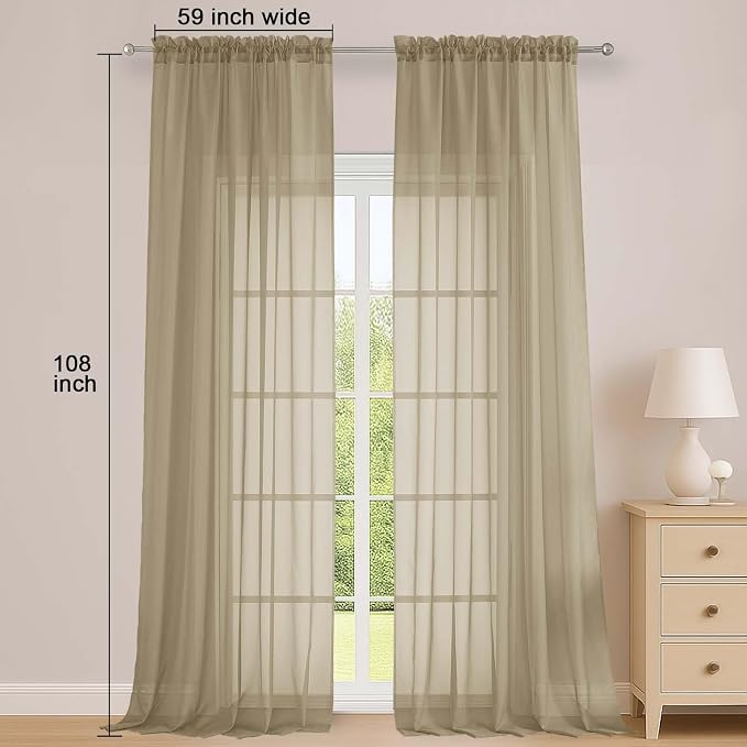 OWENIE Sheer Taupe Curtains 108 Inches Long for Living Room Bedroom 2 Panels Set, Lightweight Airy Taupe Sheer Curtain, Filmy Voile Rod Pocket, 2 PCS, Each 59" W x 108" L