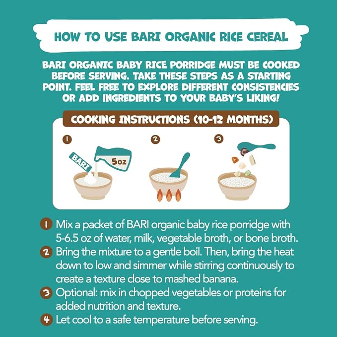 BARI Organic Baby Rice Porridge – Stage 3 – For Babies 10+ Months | USDA Organic, Heavy Metal Tested, Korean Rice Cereal, No Added Sugar, Gluten-Free | 7.3 oz (10 Packets)