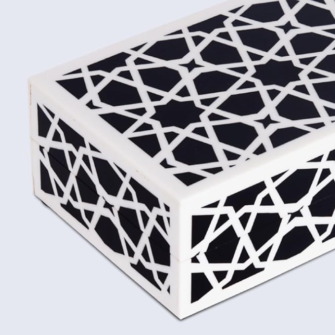 Handicrafts Home Decorative Storage Box with Lid, Black and White Moroccan Zellij Box, Coffee Table Remote Organizer, Geometric Keepsake Box for Living Room, Shelf & Hallway Decor, Zellij 10x4.5x2.5