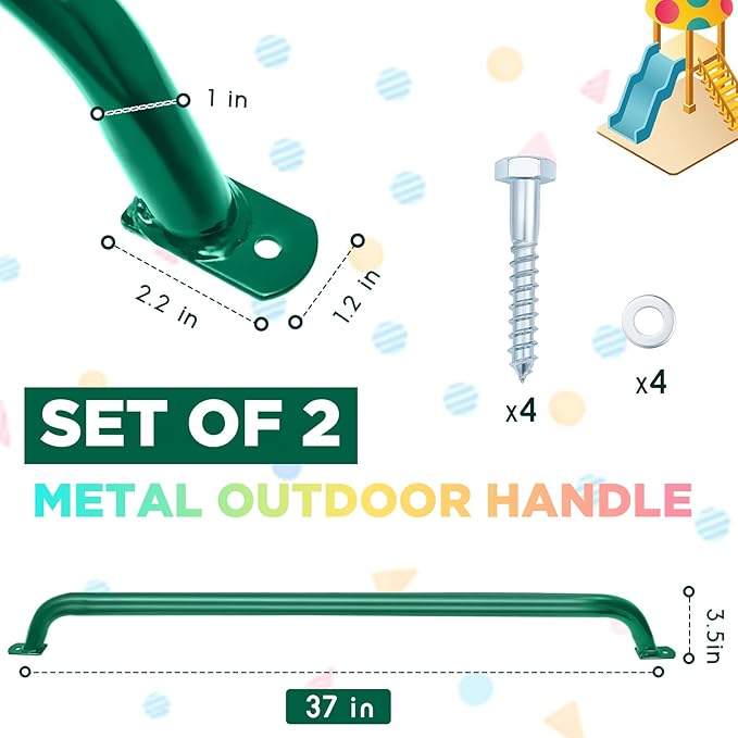 Lounsweer 2 Pcs Playground Accessories Metal Safety Handles Playhouse Ladder Handle Long Grab Handle Bars for Treehouse Rock Climbing Wall Playground (Green,39 Inch)