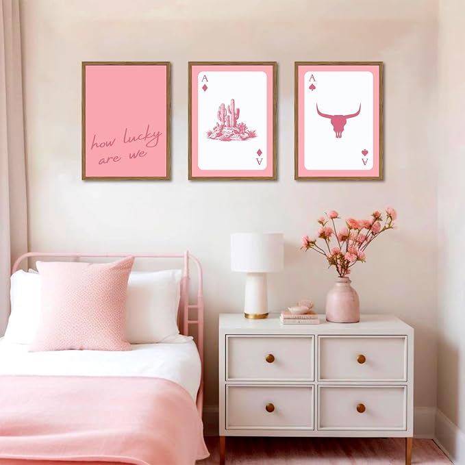 Pink Western Wall Art, How Lucky are We Wall Decor Picture Southwestern Cowgirl Playing Card Poster Canvas Print Bull Skull Painting Artwork for Bedroom Living Room 16x24 inch Wood Framed