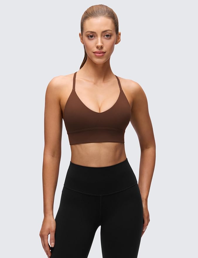 CRZ YOGA Butterluxe Thin Straps Cross Back Longline Sports Bras for Women - Padded V Neck Yoga Crop Top