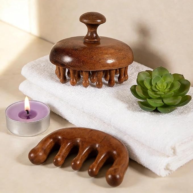 Scalp Massager for Hair Growth, Two-Piece Set-Manual Head Scrubber with Sandalwood, Portable Handheld Tool for Scalp Care & Relaxation, Stress Relief Brush for Home and Travel Spa Experience