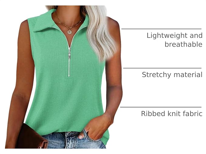 Vivilli Womens Ribbed Tank Top Zipper V Neck Dressy Casual Blouses Sleeveless Camisole Tops Work Tank Polo Shirts