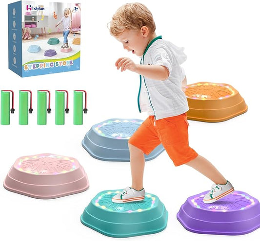 Holyton Upgraded Music Light-Up Stepping Stones for Kids, 5-Pack Sensory Balance Toys with Batteries, Non-Slip Design, for Ages 3–8, Ideal for Sensory Training, Indoor & Outdoor Play, Great Gift Idea