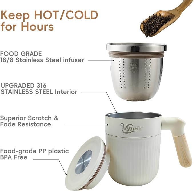 Tea Infuser Cup doubles as Insulated Coffee Mug,Tea Cup with Lid and Handles,Removable Stainless Steel Tea Strainers for Loose Tea (WHITE)