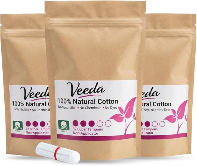 Veeda 100% Natural Cotton Tampons Super Absorbency - Non-Applicator Tampons with leak proof protection - Unscented, Chlorine & Toxin Free - 96 Count