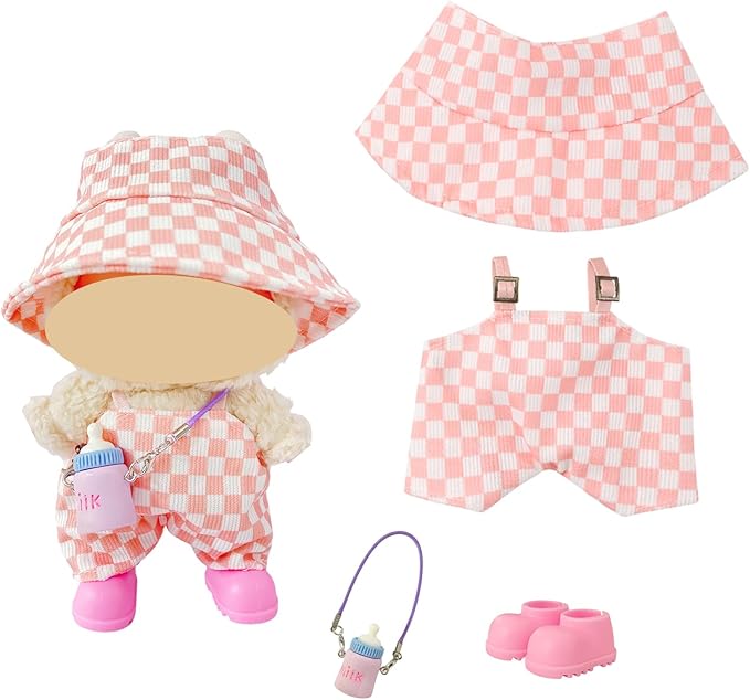 Macaron Style Doll Clothes Set for 17cm Plush Dolls, Include 5 Outfits with Hats, Shoes, Glasses and Mini Bags, Cute Dress Up Accessories for Doll Play and Display (No Dolls) (Macaron Style)