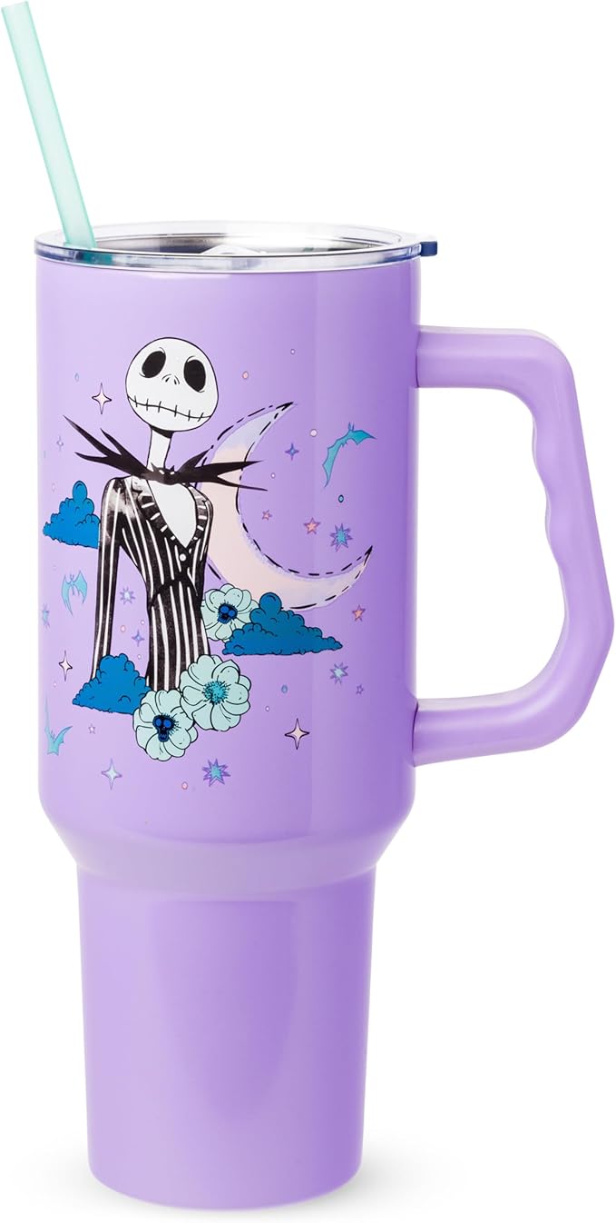 Silver Buffalo Disney Nightmare Before Christmas by Tim Burton Jack Skellington Double Walled Stainless Steel Tumbler with Handle and Straw, Fits in Standard Cup Holder, 40 Ounces