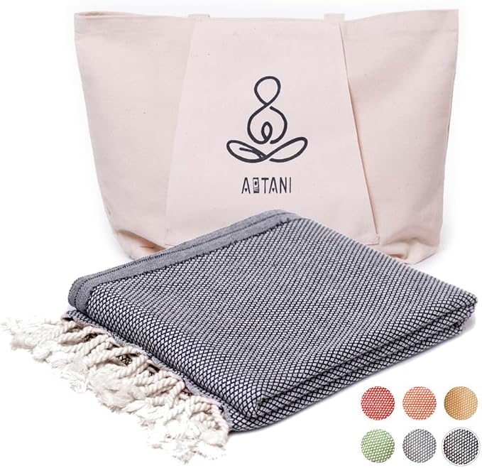 ATANI 69x35 in Oversized Turkish Beach Towel Set with Tote Bag – Quick-Dry 100% Turkish Cotton Peshtemal, Sand-Resistant, Lightweight for Shower, Travel, Pool, Yoga (Black)