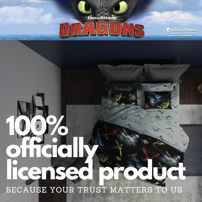 How to Train Your Dragon Kids Bedding Super Soft & Cozy Reversible Microfiber Comforter and Sheet Set with Sham, 5 Piece Twin Size, (Officially Licensed Product) By Franco