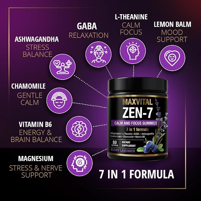 Zen-7 Calm & Focus Gummies for Adults - Sugar Free Daily Calm & Mental Clarity Support - L-Theanine, GABA, Ashwagandha, Magnesium, Lemon Balm & B6 - Berry Lavender - 60 Vegan Gummies
