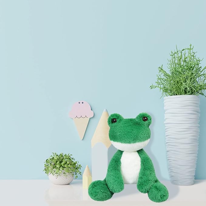 Green Frog Plush Toy, Cute Furry Frog Stuffed Animal, Soft Cuddly Plushie Hugger Toy for Boys Girls, Gifts for Kids or Girlfriend, 8.5 Inches