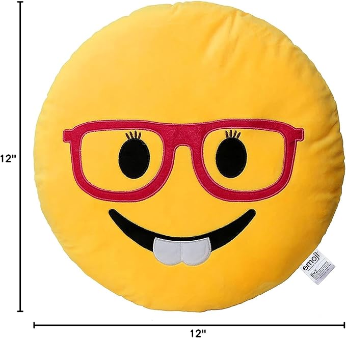 EvZ Official Certified Glasses Girl Emoji Pillow - 32cm Large Soft Plush Smiley Face Smart Emoticon Cushion - Cute Decorative Stuffed Toy for Girls, School Gift, Home & Bedroom Decor (Yellow)