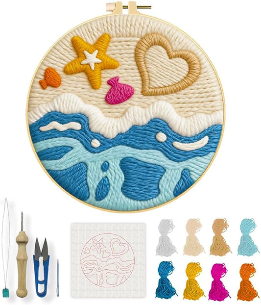 INFUNLY Sea Starfish Punch Needle Embroidery Kit 8.7x8.7 Inch Round DIY Beach Craft Kit for Adults Beginners Complete All-in-One Starter Kits with Tools and Instructions
