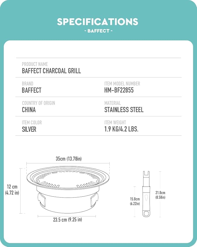 Baffect Korean Charcoal Grill For Indoor BBQ Cooking & Outdoor Camping | Include Portable Grill Body, Non-Stick Barbecue Grill Pan, Grill Net, Charcoal Holder, Charcoal Ash Bowl, Hot-Prevent Handle