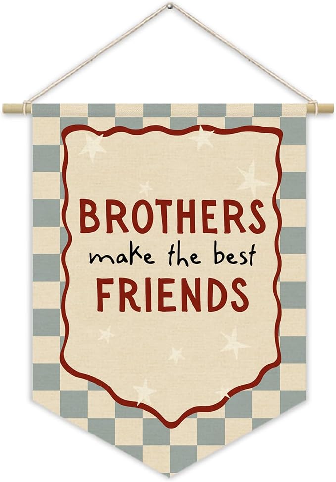 Boys Room Playroom Decor, Brothers Make the Best Friends Bedroom Wall Hanging Pennant Flag Banner, Blue Checkerboard Wall Decor for Nursery Toddler Baby Little Boys Bedroom 15x11 Inch