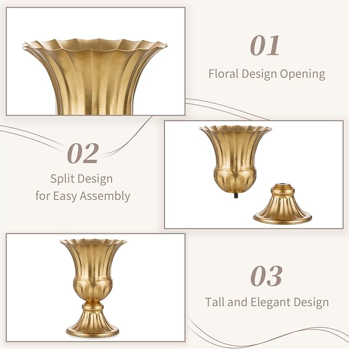 Sziqiqi Gold Metal Compote Vase, Urn Vases for Table Centerpiece, 2Pcs | 6.3in Tall, Golden Vintage Flower Arrangement for Wedding, Pedestal Bowl Planter Pot For Reception, Home, Party Decor