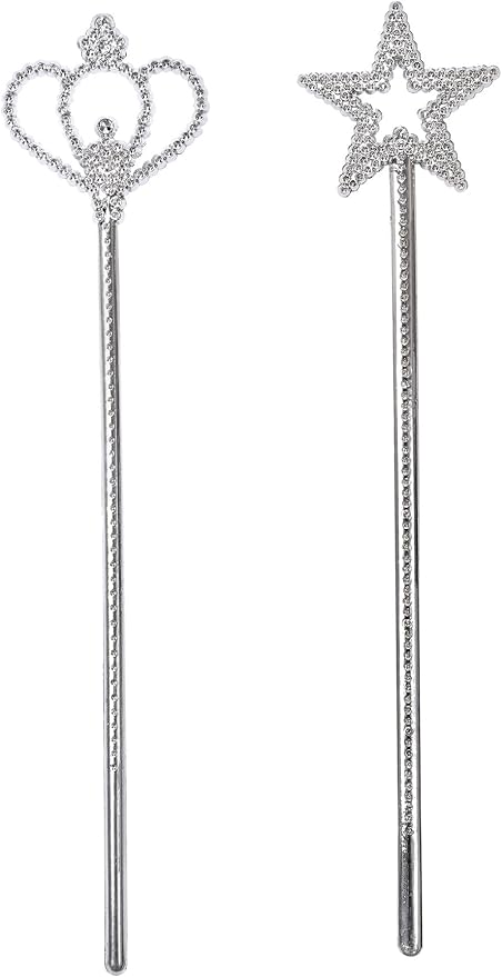 2 Pack Silver Princess Star Wand, Crown Wands Angel Magic Wand for Girls Birthday,Dress up and Halloween Costume Supplies (Silver Star Crown)