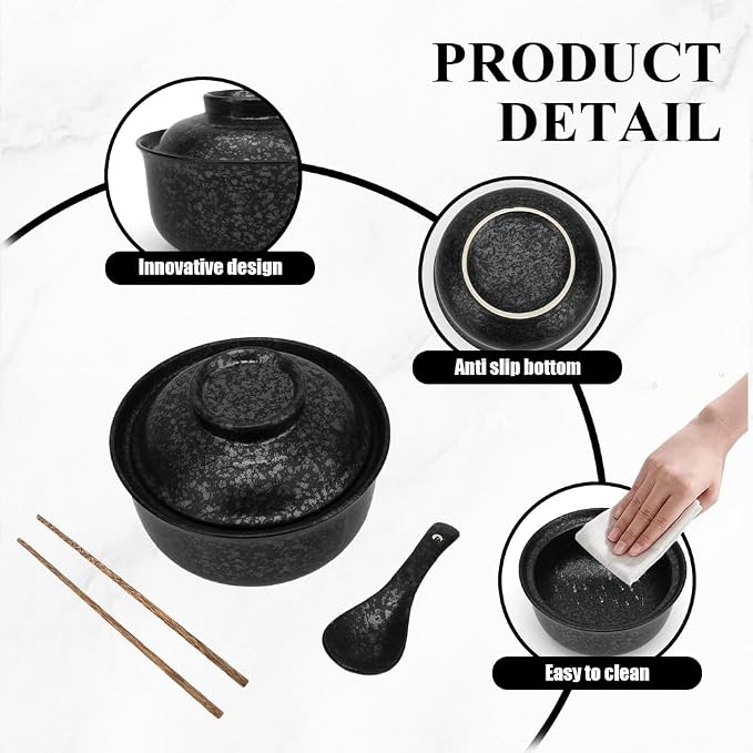 25 Oz Black Microwavable Ramen Bowl with Lid, Spoon & Chopsticks - Large Ceramic Japanese Soup Bowl, Korean Style Clay Pot for Noodles, Soup & Rice