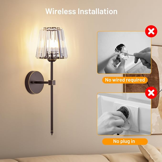 Crystal Battery Operated Wall Sconces Set of 2, Brown and Gold Rechargeable Wireless Wall Lights with Crystal Lampshade, 12 RGB and 3CCT Dimmable Wall Lamps with Remote for Bedroom Living Room Hallway