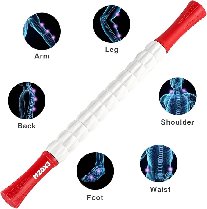 Muscle Roller Massage Roller Stick- Deep Tissue Fascia Blaster for Myofascial Pain Relief, Lymphatic Drainage & Body Sculpting, Handheld Physical Therapy & Recovery Tool (Red White-20 inch)