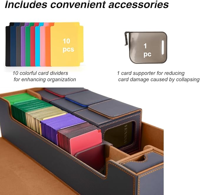 Venssu MTG Deck Box Holds 5 Display Card Deck Boxes with Playmat and Dice Box,Includes 10 colorful dividers and 1 card supporter, Trading Card Storage Box For Magic Game Cards(Black and Brown)