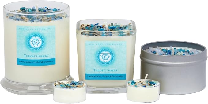 Throat Chakra Candle by New Moon Beginnings - Chakra Candles - Dried Flower, Herb, & Crystal Candles - Aromatherapy Candles - Soy Candle - Set of 6 Tealights