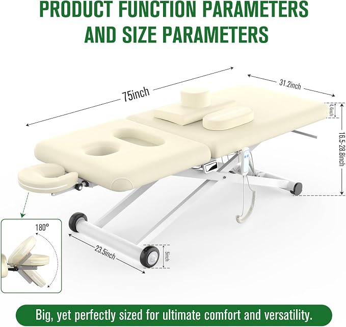 pouseayar Heavy Duty Electric Massage Table, Electric Lift Motor and Manual Backrest Adjustable for Treatment/Medical Spa/Facial Bed/Beauty Bed and More - 31.2 Wide x 75 Long - White