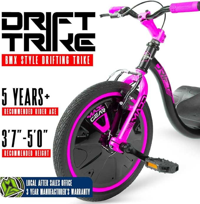 Drift Trike for Kids Ages 5+ – 16" Front Wheel Ride-On with Adjustable Seat, Steel Frame, Rear Slick Drift Wheels & Safety Flag – Madd Gear (Black/Pink)