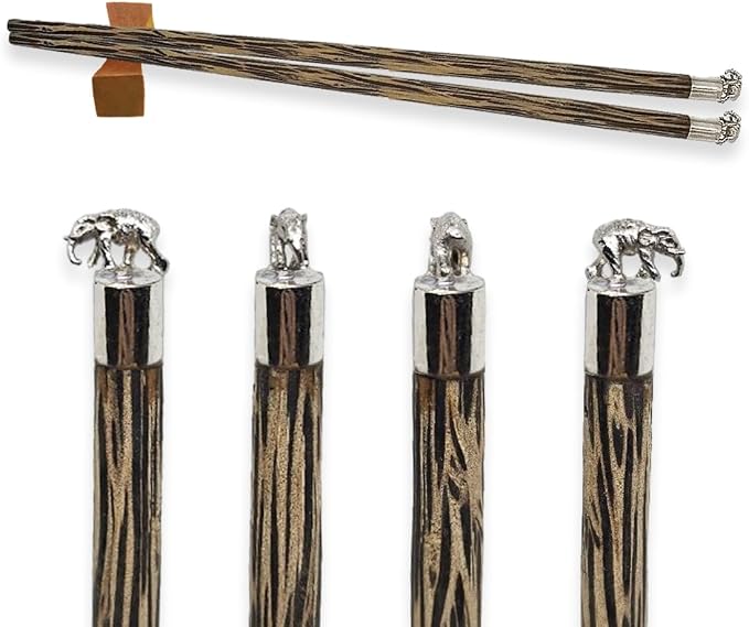 Wooden Chopsticks 9⅞" Long Coconut Palm Wood Chopstick Metal Elephant Top Eating Utensils Oriental Cutlery Asian Tableware Decorative Dinnerware to Serve Chinese Japanese Korean Food