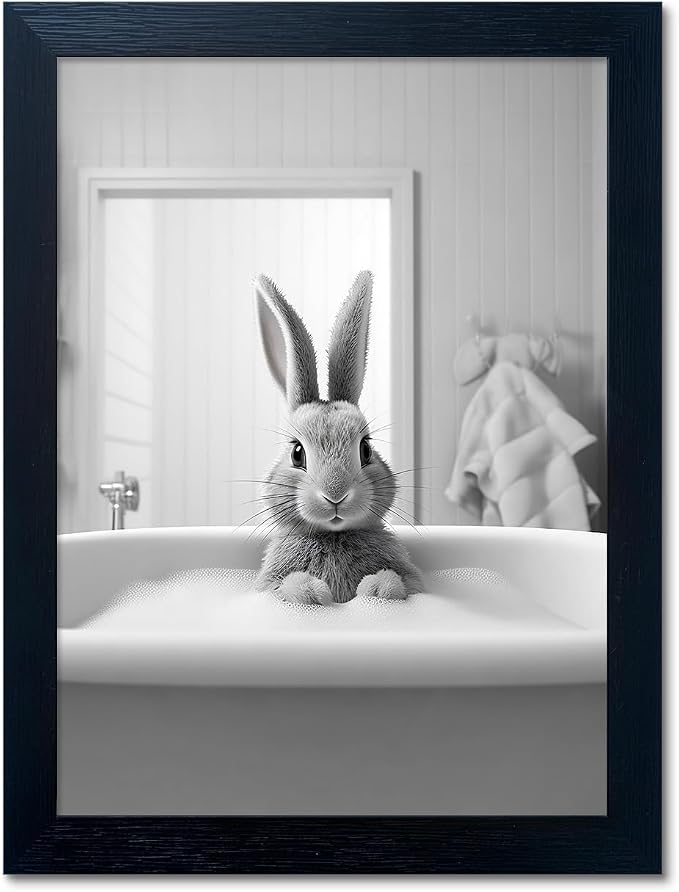 Funny Kids Bathroom Wall Decor, Black and White Cute Animal Canvas Wall Art, Black Framed Rabbit in Bathtub Farmhouse Picture Wall Decor Print Artworks for Bathroom