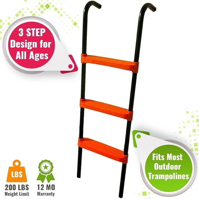 N1Fit Trampoline Ladder - Universal 3-Step Trampoline Steps Supporting up to 220 lbs - Powder Coated & UV Treated Trampoline Stairs Accessories for Kids All Weather Exposure - Sturdy & Safe Design