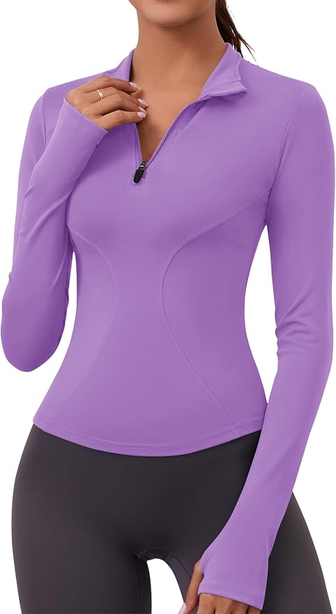 LOMON Womens Long Sleeve Workout Tops Quick Dry Quarter Zip Pullover Crop Yoga Athletic Slim Fit Shirts