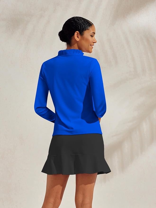ACEGOLFS Womens Golf Polo Shirts Casual Ruffle V Neck Long Sleeve Tops for Women UPF 50+ Rash Guard Ladies Pullover Shirt