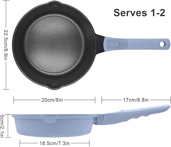 Small Deep Frying Pan with Lid, 8 Inch Non Stick Egg Skillet, Omelette Pan Non Toxic, Mini Pans for Cooking, Induction Cookware, Compatible with All Stoves, Detachable Handle, Oven Safe, Blue