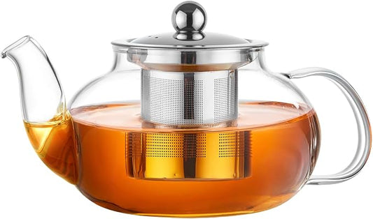 PARACITY Glass Teapot Stovetop 20 OZ/600ml, Tea pot with Removable 18/8 Stainless Steel Infuser, Borosilicate Clear Tea Kettle, Teapot Blooming and Loose Leaf Tea Maker Tea Brewer for Camping, Travel