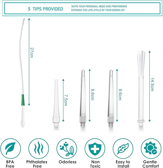2L Enema Kit Colon Cleansing Irrigation Bag Set Silicone Enema Tubing Hose Tube Replacement, Coffee Enema Bucket Kit Home Shower Intestinal Irrigator for Men Women Detox Constipation 5Pcs Enema Nozzle