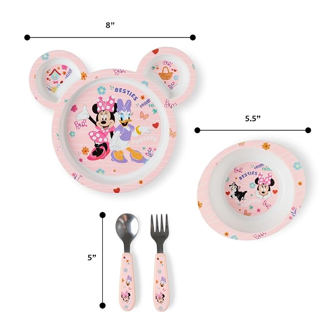 The First Years Disney Minnie Mouse Kids Dinnerware Set - Includes Toddler Plate, Bowl, Fork, and Spoon - Baby Led Weaning Supplies - 4 Count- Ages 9 Months and Up