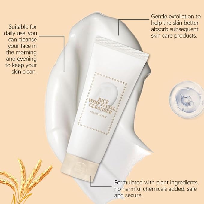 Rice Facial Cleanser, Gentle Foaming Cleanser, Controls Oil, Moisturizes and Hydrates, Nourishes Skin, Cleanses Pores, Gentle Formula Suitable for All Skin Types, Korean Skincare Product, 4.23 Oz