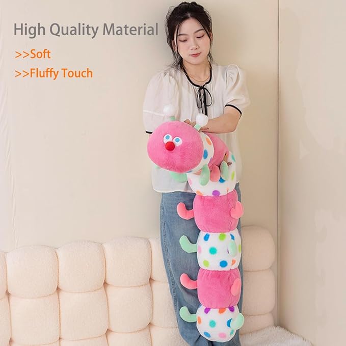 ELAINREN Pink Caterpillar with Polka Dots Plush Long Pillow Ultra-Soft Rainbow Caterpillar Stuffed Insect Toy Cuddly Colorful Worm Plushie Gifts/35.4''