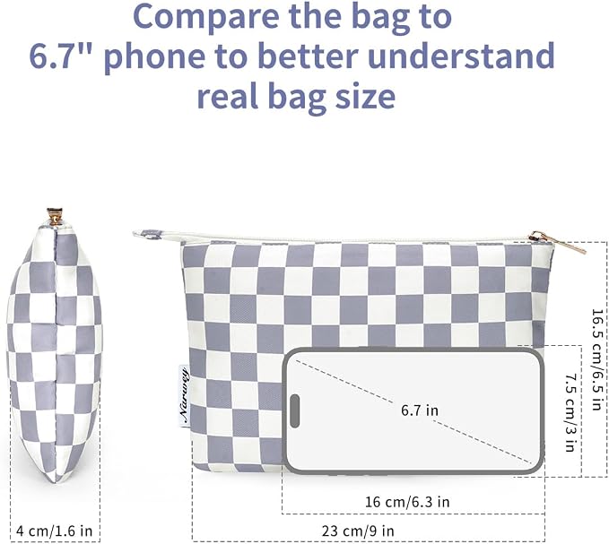 Narwey Small Checkered Makeup Bag for Purse Small Cosmetic Bag Women Travel Makeup Pouch Zipper Pouch (Grayish Blue Checkerboard)