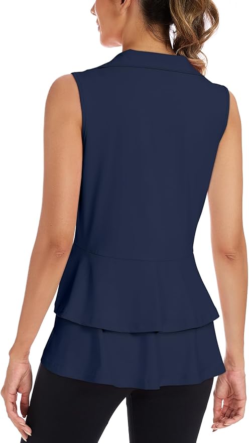 Women's Golf Vest with Pleated Tennis Skirt Hem Lightweight Full Zip Sleeveless Athletic Shirts with Pockets
