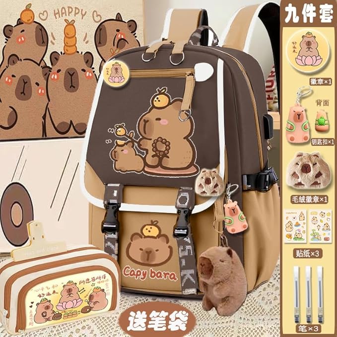 Kapibara Capybara Cartoon Backpack Gift Large Capacity Waterproof Kapibara stuff kawaii backpack with pins and Accessories (pattern 7)