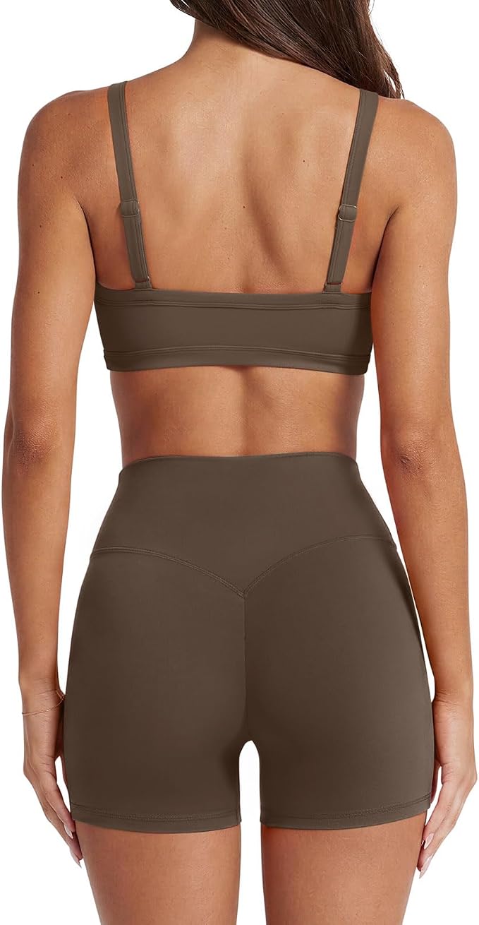 SUUKSESS Women Padded Workout Sets Adjustable Straps Sports Bra Tummy Control Biker Shorts