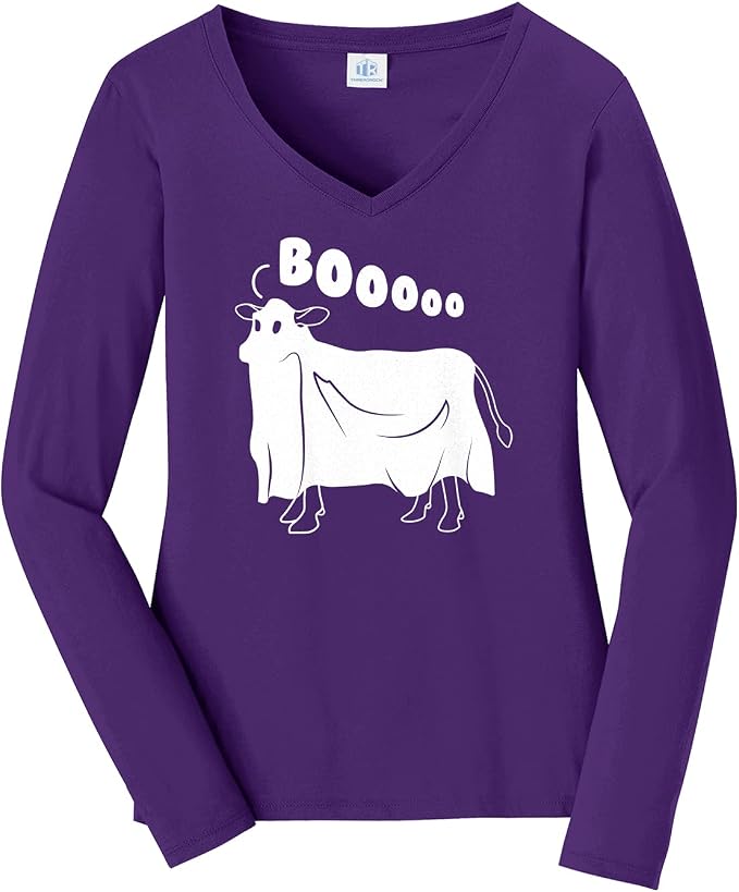 Threadrock Women's Cow Ghost Saying Moo Long Sleeve V-Neck T-Shirt