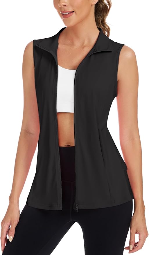 Women's Golf Vest with Pleated Tennis Skirt Hem Lightweight Full Zip Sleeveless Athletic Shirts with Pockets