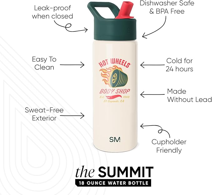 Simple Modern Kids Summit Water Bottle with Straw Lid | Hot Wheels 18oz Stainless Steel Cup Insulated Tumbler for Boys, School | Body Shop