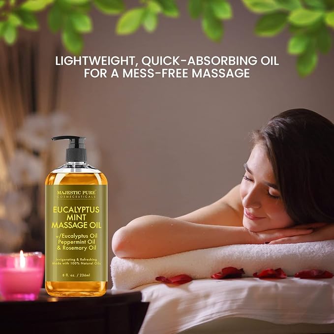 MAJESTIC PURE Coconut Massage Oil (8 oz) and Eucalyptus Mint Massage Oil (8 oz) Bundle