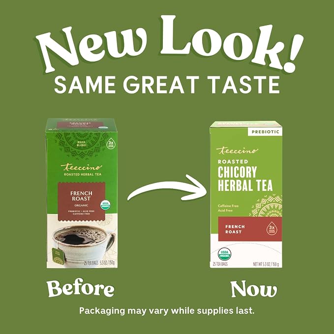 Teeccino French Roast Herbal Tea - Rich & Roasted Herbal Tea That’s Caffeine Free & Prebiotic for Natural Energy, Coffee Alternative, 25 Tea Bags